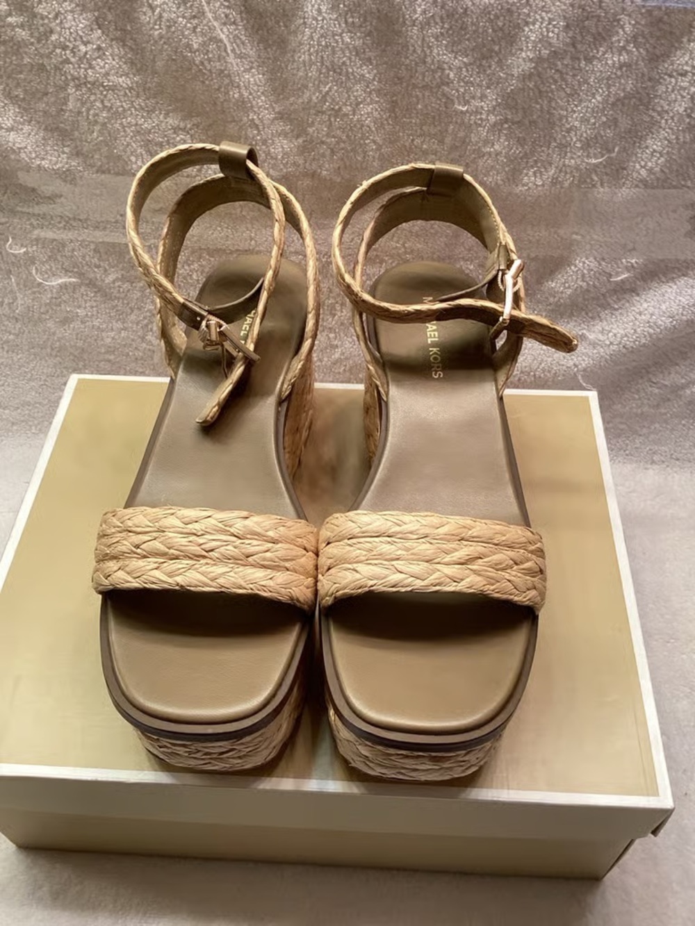 Michael Kors Beige Braided Platform Sandal with Ankle Strap